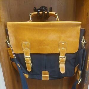Aaron Leather Goods Prato Natural Leather & Black Canvas LapTop Messenger Bag